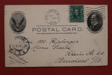 Postkarte gestempelt 1904 Columbus Ohio Postage One Cent Briefmarke 1843-1901 McKinley Ortsansicht USA Amerika Vereinigte Staaten